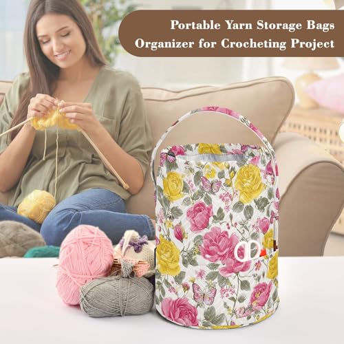 Image of ElliTarr Crochet Bag Yarn Bag with Handle Portable Knitting Project Bag Travel Yarn Storage Organizer Holder Case Groovy Roses and Butterflies