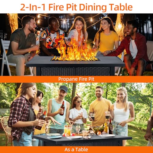 52 Inch Propane Fire Pit, CSA-Listed Outdoor Gas Fire Pit Rectangular Tabletop with Lid, 50,000 BTU Steel FireTable with Rain Cover Glass Wind for Outside Patio Yard Balcony, Black