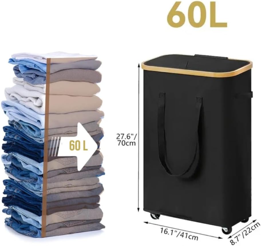 Large Laundry Hamper with Wheels, 60L Rolling Laundry Basket with Lid & Handle, Heavy-Duty Mobile Clothes Hamper, Slim Rolling Design with Removable Bag (black)