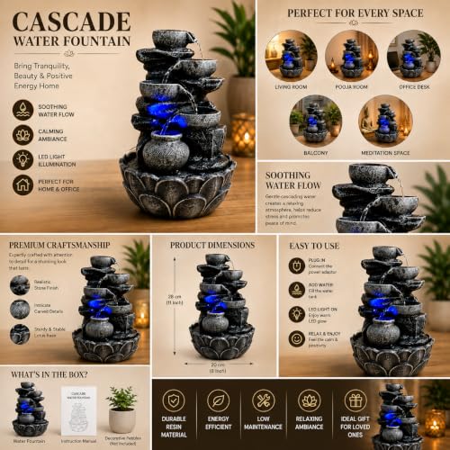 Image of ALiLa 15 Inch Tabletop Rock Waterfall Fountain with LED Lights | Indoor Outdoor Water Fountain for Home, Office, Living Room, Garden, Balcony & Patio Decor (38 cm)