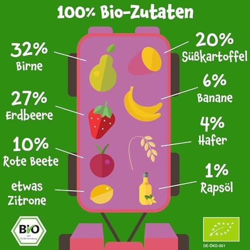 Pumpkin Organics Bio Gemüse-Getreide-Quetschies 8er Pack Birne, Erdbeere, Süßkartoffel, Rote Beete, Banane, Hafer ohne Zuckerzusatz¹ - ab dem 6. Monat - als Snack oder Beikost für unterwegs (8x100g)