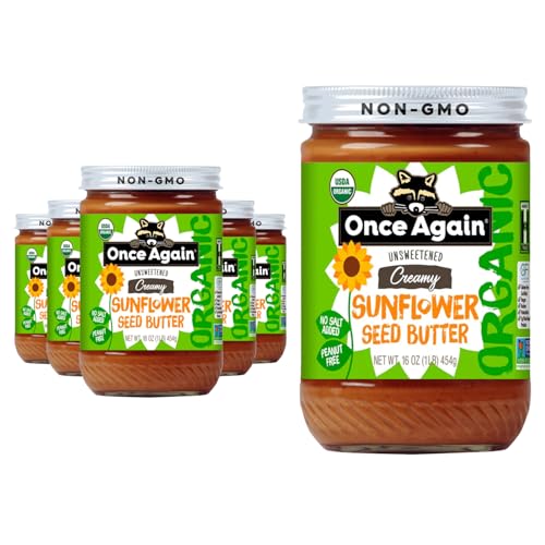Once Again Organic Sunflower Butter, Unsweetened, No Salt & No Sugar Added - Creamy Sunflower Seed Butter, Dairy And Nut Free Spread - Vegan, Non-Gmo, Gluten Free (6-Pack, 16 Oz Glass Jars)