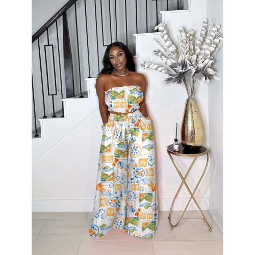 Image of Two Piece Sets for Women Summer Outfits Crop Tops and Wide Leg Pants Sets Sexy Jumpsuits Vacation Outfits with Pockets