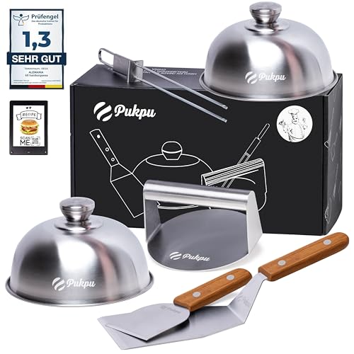 PUKPU Kit Smash Burger Professionnel – Set 6 pièces avec Presse, spatules, Cloches et Accessoires pour plancha, Barbecue ou Cuisine Maison de Burger Smash...