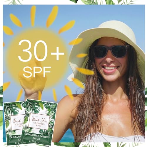 Image of Loopeer 60 Pcs Mini Sunscreen Bulk Travel Size Sunscreen Packet 0.27 Fl. Oz. SPF 30 Water Resistant Mini Sunblock Beach Lotion Pool Summer Vacation Gift for Women Summer Party (Tropical Leaves)