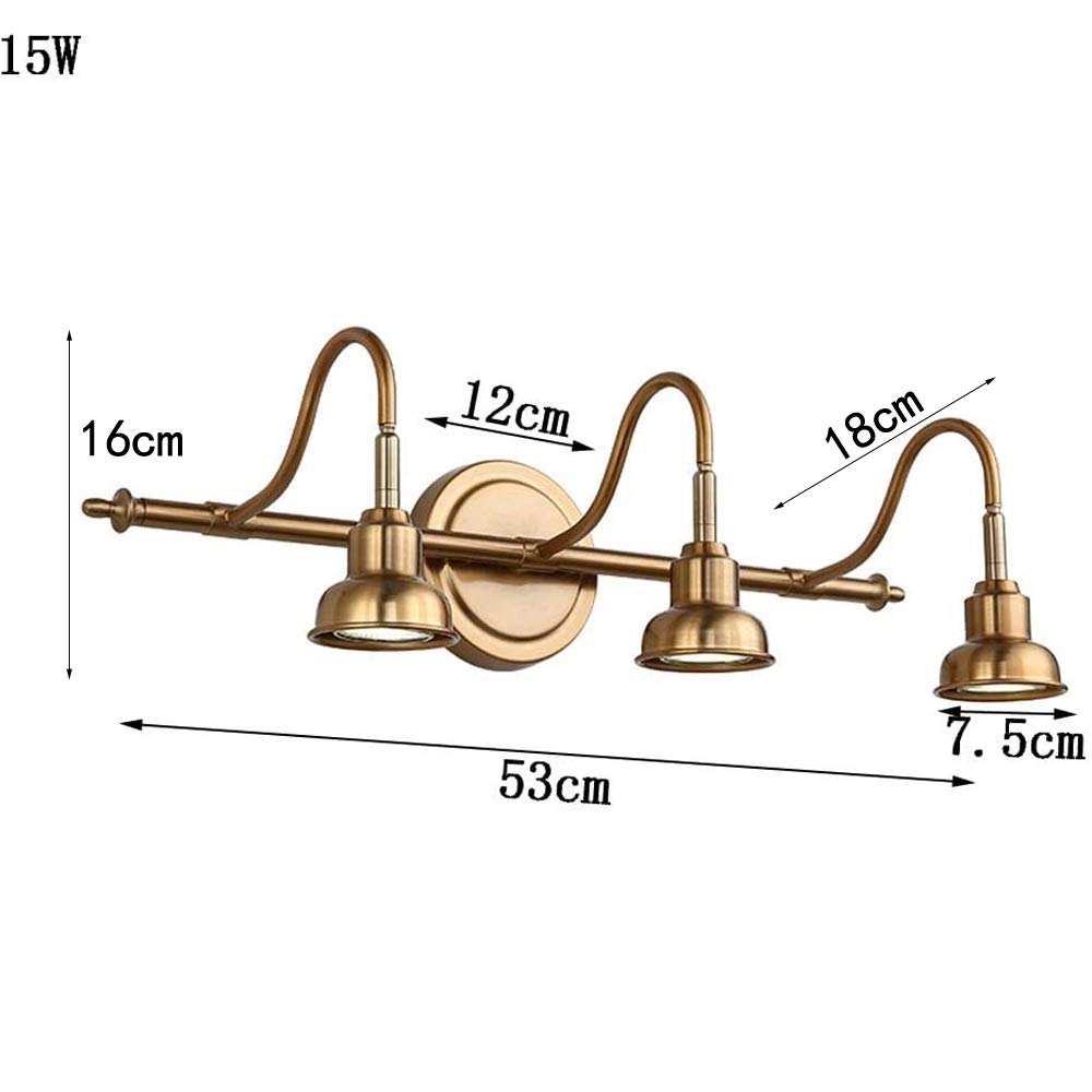Lámpara LED Retro Antigua de Espejo de Baño, Luz Vintage Impermeable Ajustable, Iluminación Elegante, Aplique de Latón, 15W, D53cm, Luz Natural