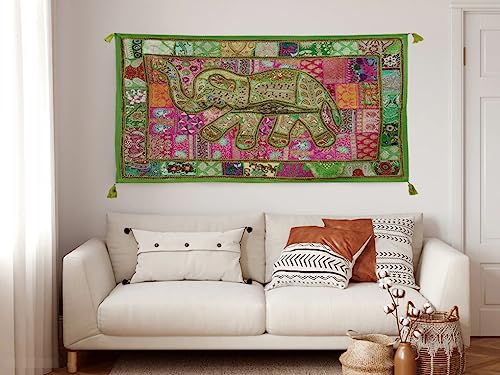 Image of Ekam Art Rajasthani Handmade Heavy Elephant Embroidery Cotton Patchwork Tapestry Cotton Wall Decor Hanging Beaded Tapestries Home Living Room Decor 40 x 60 Inch (Light Green)