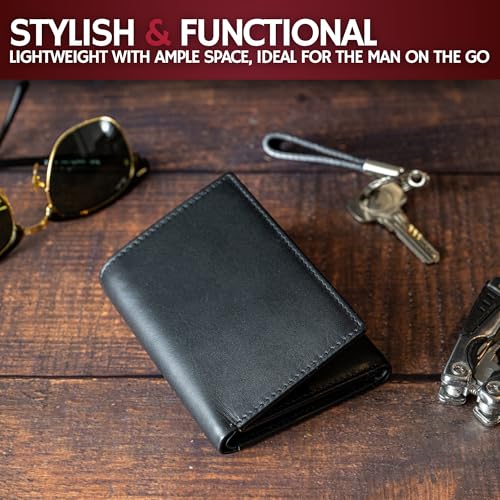 Image of BULL GUARD RFID Genuine Leather Trifold Wallets for Men ID Window, Secret Pocket, Rich Black, 3.25 inch x 4.25 inch, Classic