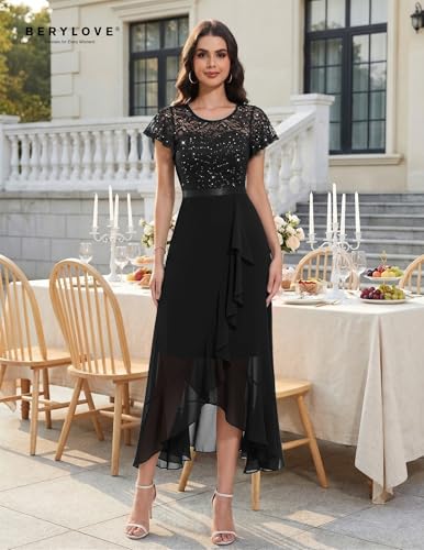 Image of BeryLove Formal Long Dresses for Women Wedding Guest Cocktail Bridesmaid | Airy Lace & Chiffon Evening Gown, Flutter Sleeve, Ideal for Mother of the Bride, Prom, Homecoming Party & Semi-Foraml Events