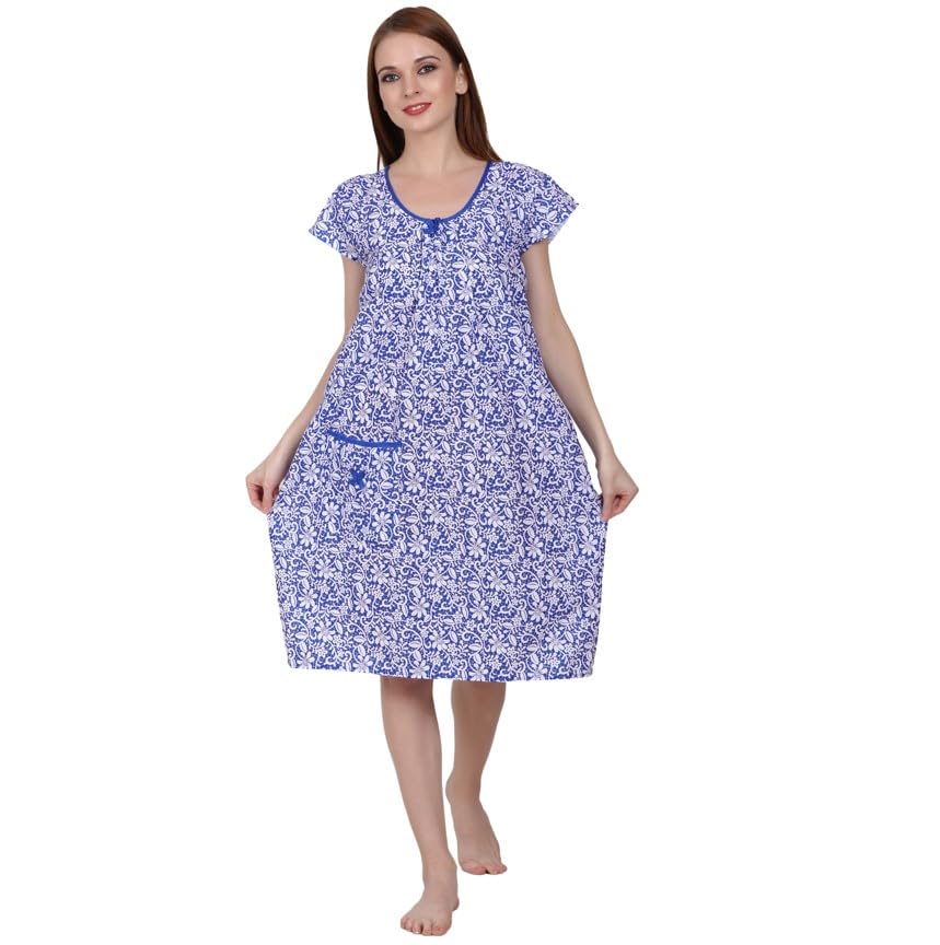 Woman's Long Short Cotton Nighty Blue-image-10