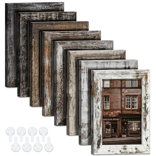 Bagous 4x6 Picture Frames Set of 8 Vintage Rustic Farmhouse Industrial Style Photo Frames High Definition Real Glass for Tabletop or Wall Hanging