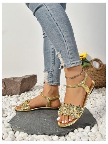 GORGLITTER Women's 3D Flower Vacation Flat Sandals Metallic Ankle Strap Open Toe Dressy Sandals4
