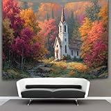 kaiyun Eine ruhige Quäkerkirche inmitten neuenglischer Blätter Wandteppich, Tapestry Wall Hanging,Wanddeko Für Schlafzimmer Wohnzimmer Wohnheim 150cmx200cm