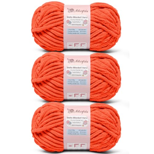 Image of 10.58 oz /147.6 yds Chunky Chenille Yarn for Crocheting, #7 Super Bulky Baby Blanket Yarn for Crocheting Soft, Fluffy Velvet Yarn for Knitting, Amigurumi Crochet Yarn for Crafts (3 Orange)