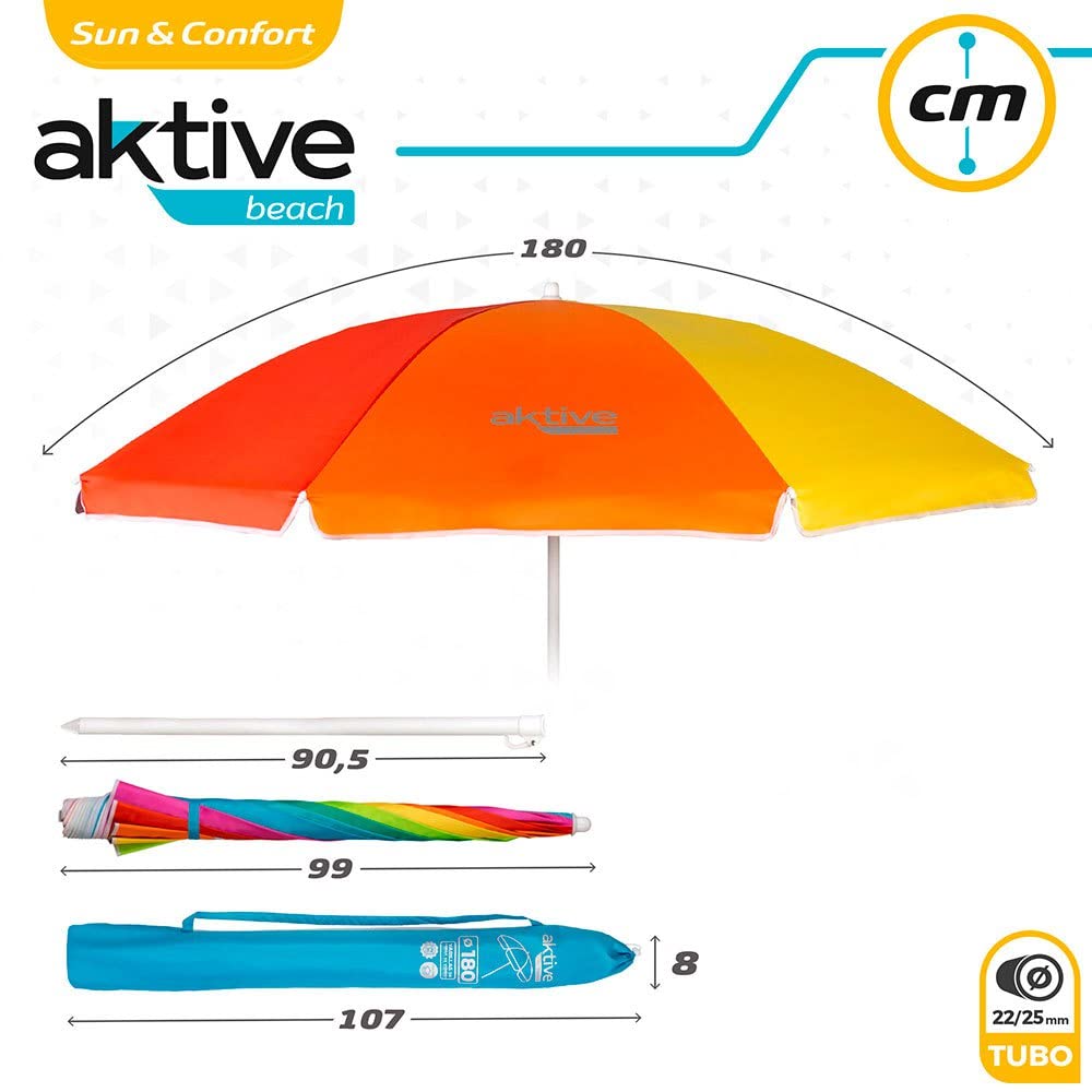 Strandschirm, Ø180 cm, mit UV-Schutzfilter 50, Stock Ø22-25 mm, inkl. Tragetasche, Faltbarer Strandschirm, mehrfarbig bedruckt, Aktive Beach,