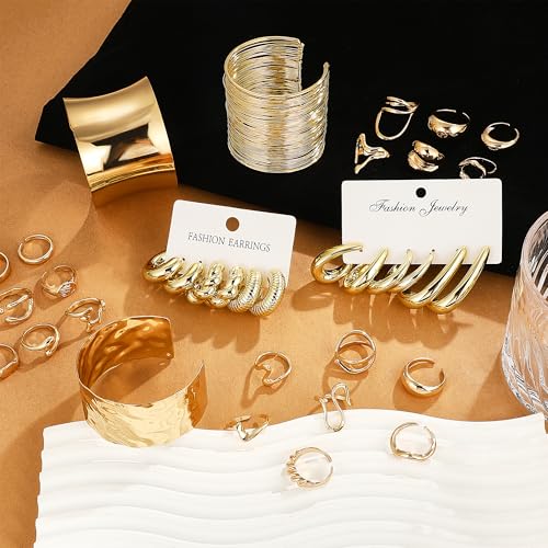 33 Pcs Chunky Gold Jewelry Set for Women Gold Plated Cuff Bracelet Hoop Earrings Stackable Open Rings Fashion Costume Jewelry3