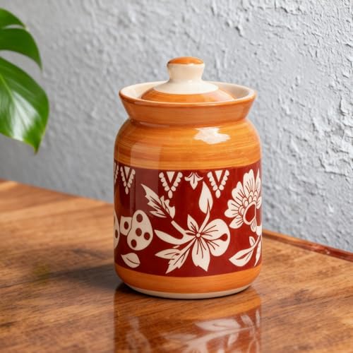 Image of Orange Mushroom Ceramic Handglazed Pickle Jars Set of 1-1000 ML Each | 1 kg Achaar Martban Barni Jar with Lid | Ceramic Storage Jar Container Pickle, Chatney