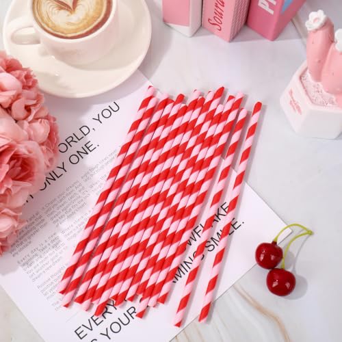 Pitillos de papel rayados rosa y rojo 100 piezas miniatura 3