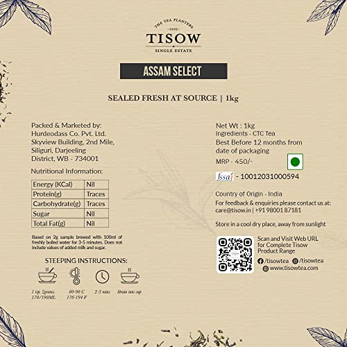 Image of TISOW Assam Select Strong Tea 1kg | 2 Premium Single Estate Healthy Teas of Upper Assam & North Bank | 4 Vacuum Packs from the Best CTC Tea Growing Regions of India | Aromatic Golden Assam Tea | Kadak Chai