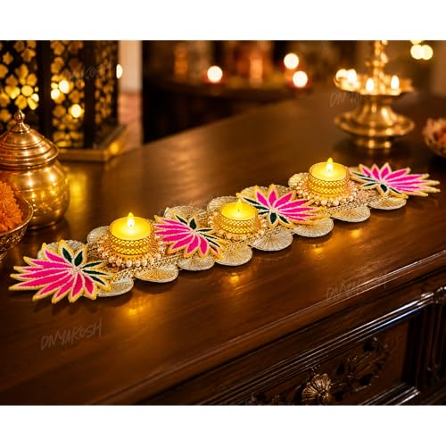 Image of Divyakosh Lace Handmade Item for Home Decoration 21 Inch Pink Lotus Table Runner with LED T-Light, Decorative Lotus Flower Table Decor for Home |Festive -Diwali Decoration|