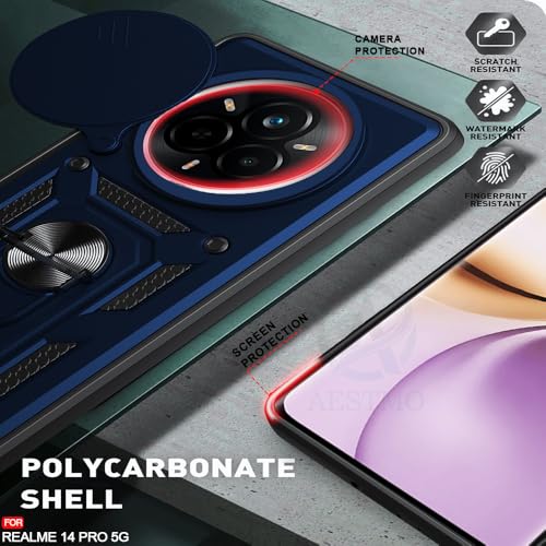 Image of AESTMO Tough Armor Realme 14 Pro 5G Bumper Back Case Cover | Ring Holder & Sliding Camera Cover | 360 Degree Protection Back Case Cover for Realme 14 Pro 5G (Blue)