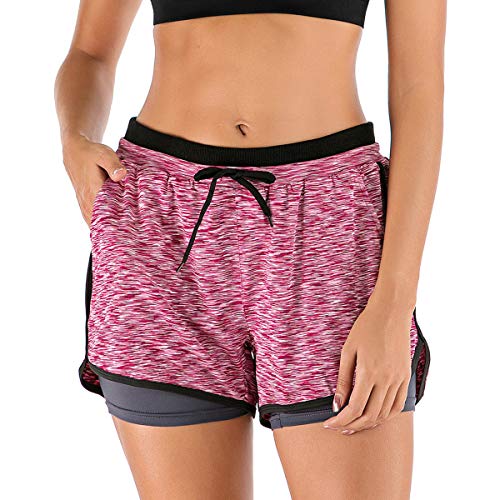 DODOING Damen 2-in-1 Lauf-Shorts Sport Yoga Shorts doppellagig atmungsaktiv schnell trocknend Gym Workout Training Jogging Hose Athletic Shorts Gr. S, 1# Rose Red