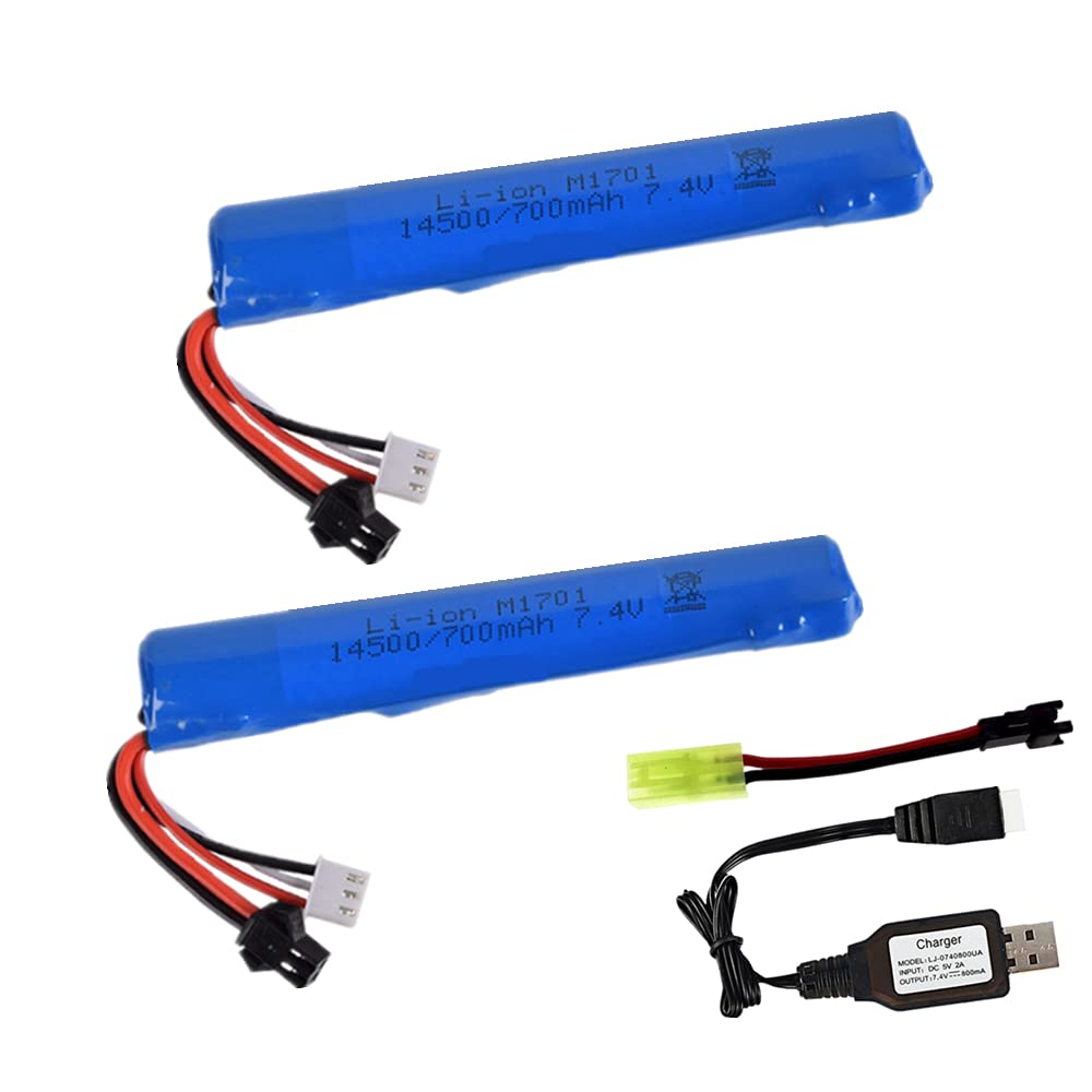 OooSure 2 pcs 7.4V 700mAh 1450cell*2 Lipo Airsoft Gun Batteries with 2S Charging Cable and SM2P to Mini Tamiya Switch Cable for Airsoft Gel Guns Type I