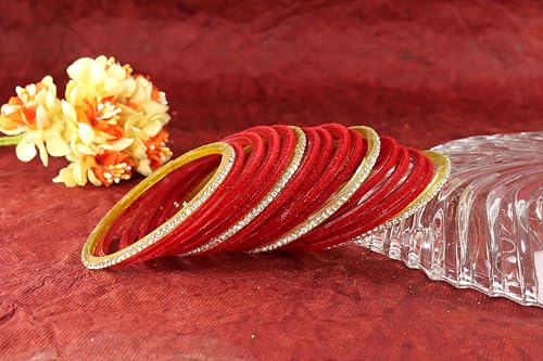 Image of NMII Fancy Glass Golden Zircon Diamond Stone & Velvet Finish Plain Bangles Set For Women & Girls | Glass Velvet Bangles | Kanch ki Chudiyan | Girl's Bangles Bracelet | Fashion Jewellery- Set of 32