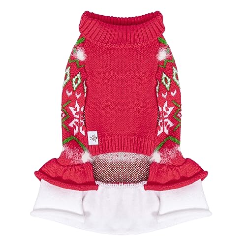 CuteBone Weihnachten roter Hundepullover Kleid Schneeflocke Welpe Wintermantel Hund Rüschenkleid Katzenbekleidung mit Loch für die Leine für kleine mittelgroße Hunde DS85L-DE