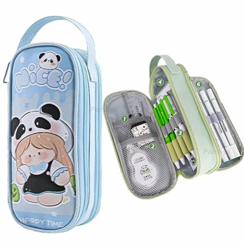 Image of Invite Two Layer Six Slot Premium Canvas Pencil Pouch for School Girls and Boys, Cute Aesthetic Stationery Items Kit Case, Large Capacity Stationary Pencil Box for Kids Gifts (Blue Happy Time)
