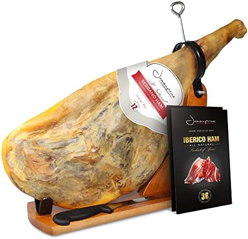 Jamonprive Serrano Ham Bone in from Spain 15-17 lb + Ham Stand + Knife & Spanish Iberico Ham Sliced (4oz) - Cured Spanish Jamon with NO Nitrates or Nitrites All Natural - GMO & Gluten Free