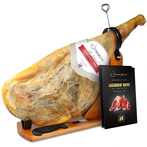 Jamonprive Serrano Ham Bone In From Spain 15-17 Lb + Ham Stand + Knife & Spanish Iberico Ham Sliced (4Oz) - Cured Spanish Jamon With No Nitrates Or Nitrites All Natural - Gmo & Gluten Free #TOP3