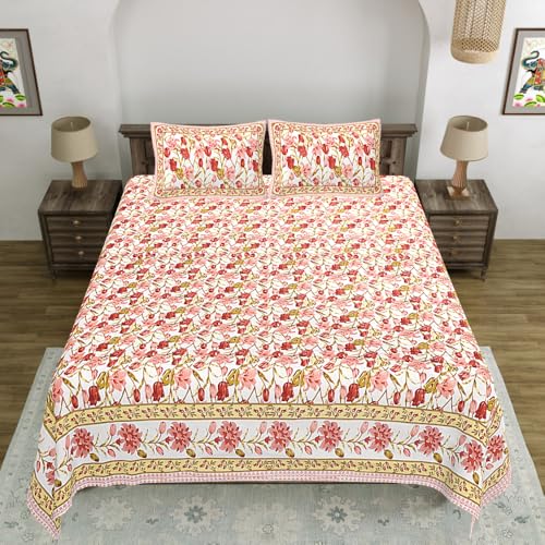 Image of Living Roots Jaipuri Hand Block Print Double Cotton Bedsheet & 2 Pillow Covers, for Mattress Upto 8 inches Thick, No Colour Bleeding, Pink Colour, Super King Size 96 * 104 inches, 150TC (576-C)