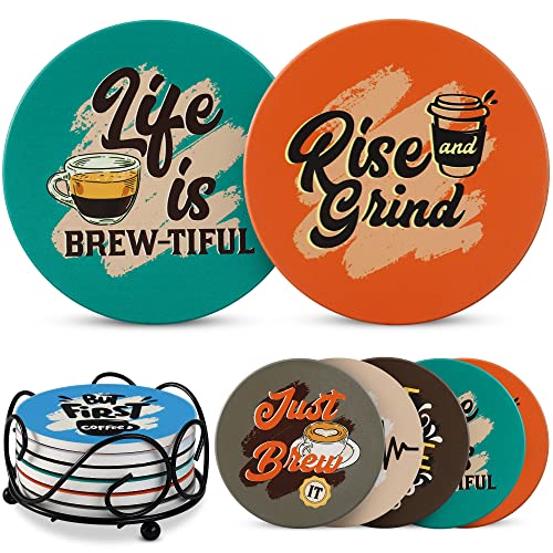 Ultimate Hostess - 6 Coffee Themed Absorbent Stone Cork Drink Coasters, Bar Coasters for Drinks with Holder, Cool Housewarming Gift, New Home - Cup Coster for Wooden Table