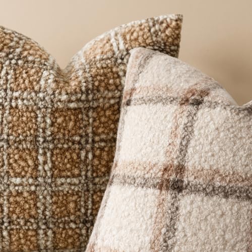 Image of Foindtower Pack of 2 Soft Faux Fur Boucle Throw Decorative Pillow Covers Fuzzy Accent Check Cushion Sherpa Boho Farmhouse Pillowcase for Couch Sofa Bed Living Room Home Decor 18x18 Inch,Natural Beige
