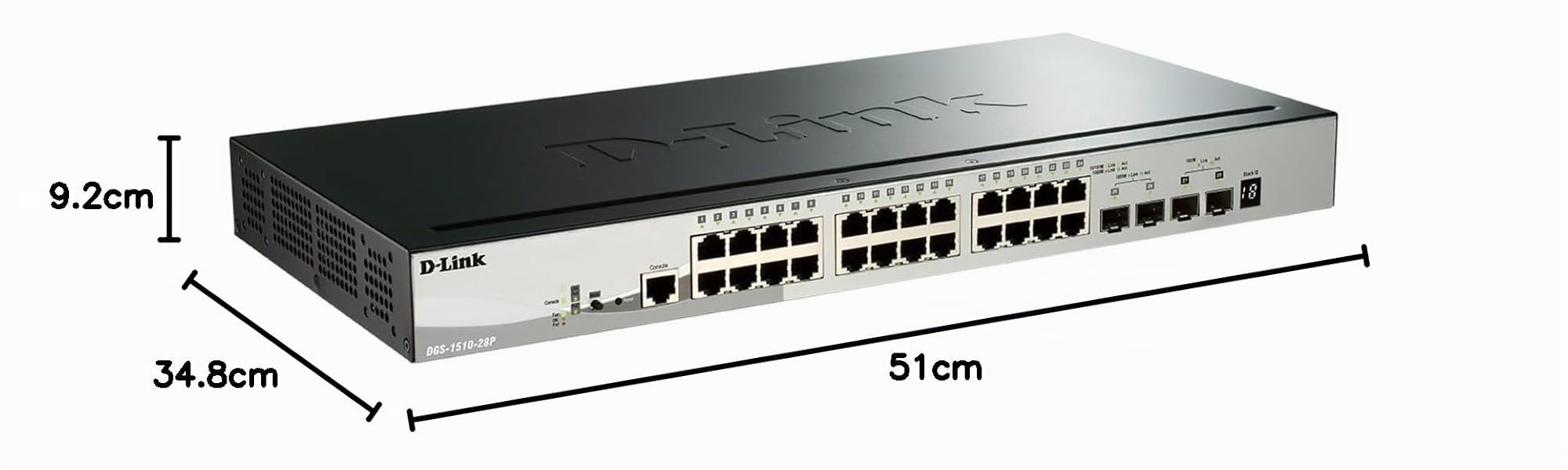 D-Link DGS-1510-28P - Switch PoE de 24 puertos Gigabit L2+ (funcionalidades L3), 2 puertos SFP 1000 Mbps y 2 puertos 10G SFP+, apilable, altura 1U, VLAN automática para video vigilancia y telefonía IP