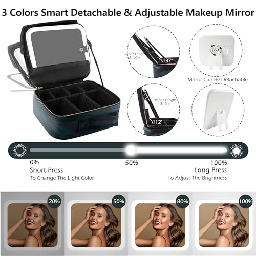 Image of MOMIRA Makeup Train Case with Light-up Mirror, Cosmetic Bag Organizer, Portable Travel Makeup Case with Adjustable Dividers, Waterproof, Zebra-Green