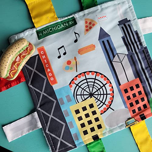 Baby Jack & Co 8X8” Learning Lovey Chicago Illinois Tag Toys For Babies - Baby Crinkle Toys - Soft & Safe - Learn Usa Cities And Shapes - Ideal Baby Toy & Gift Bpa Free W/ Stroller Clip #TOP4