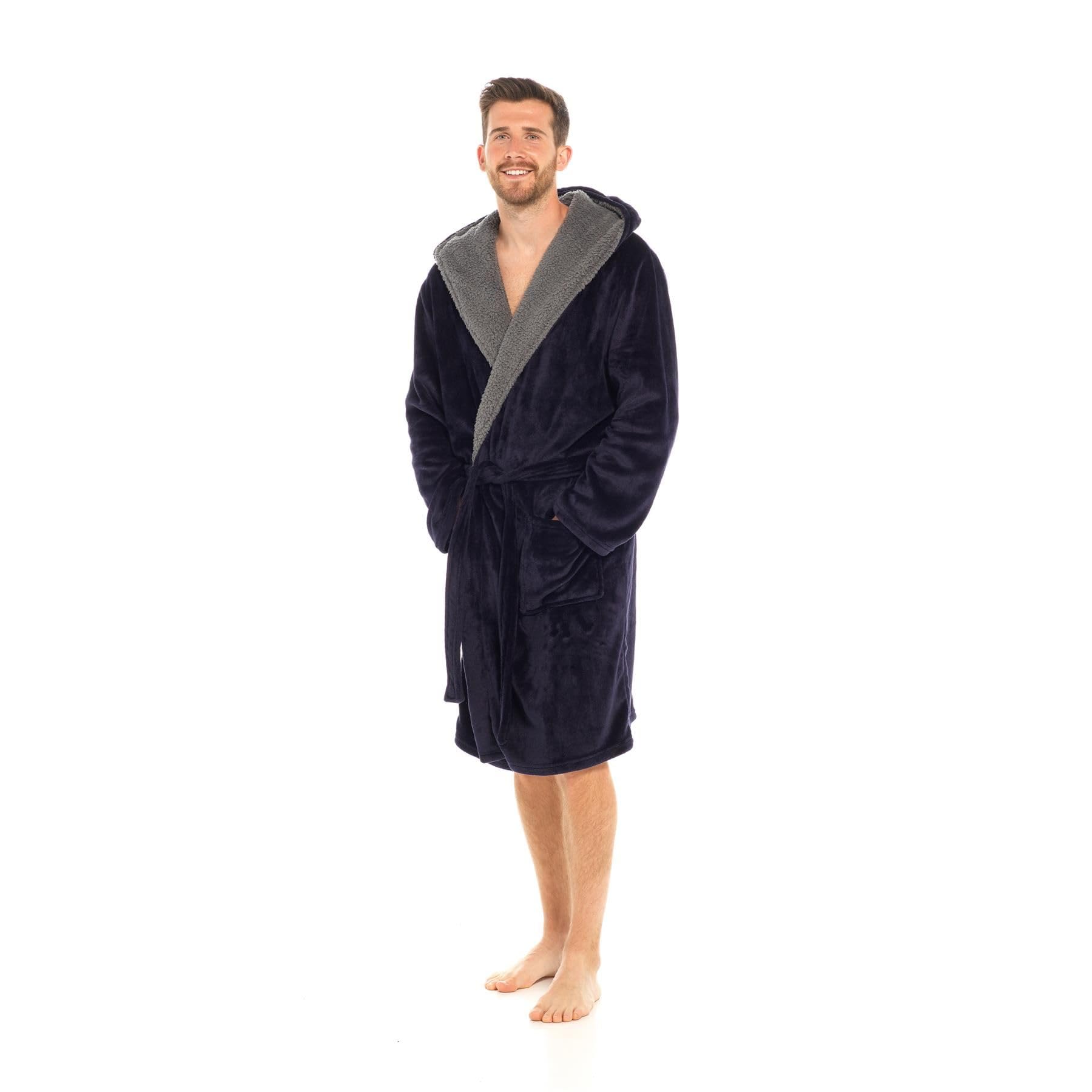 A2z Men's Navy Flannel Fleece Hooded Dressing Gown Super Soft - Robe Az701 L
