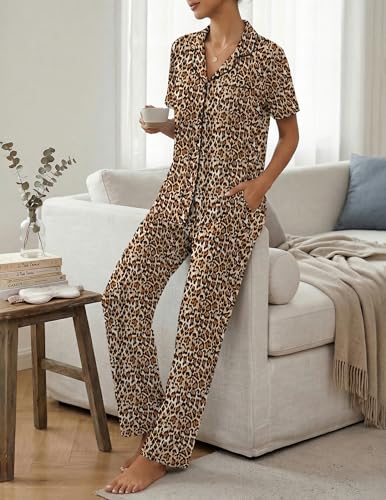 Image of Womens Pajamas Sets 2 Piece Button Up Pj Sets Short Sleeve with Long Pant