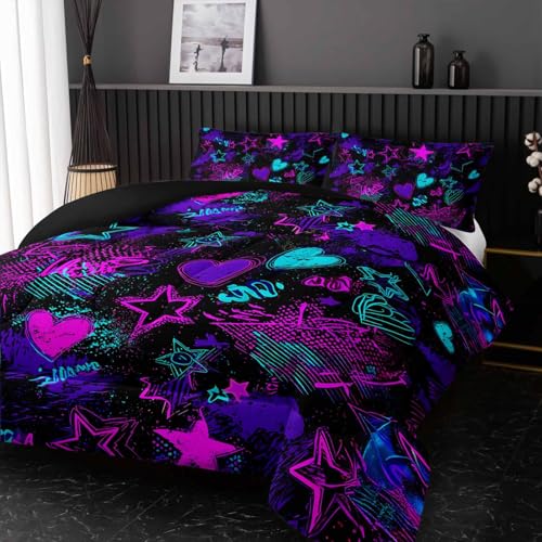 Image of Nttopship Purple Stars Comforter Set Twin Size,Galaxy Starry Printed Bedding Set,Purple Heart Room Decor with Soft and Lightweight Comforter and 2 Pillowcases