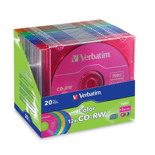Verbatim CD-RW 700MB 2X-12X Color Rewritable Media Disc - 20 Pack Slim Case
