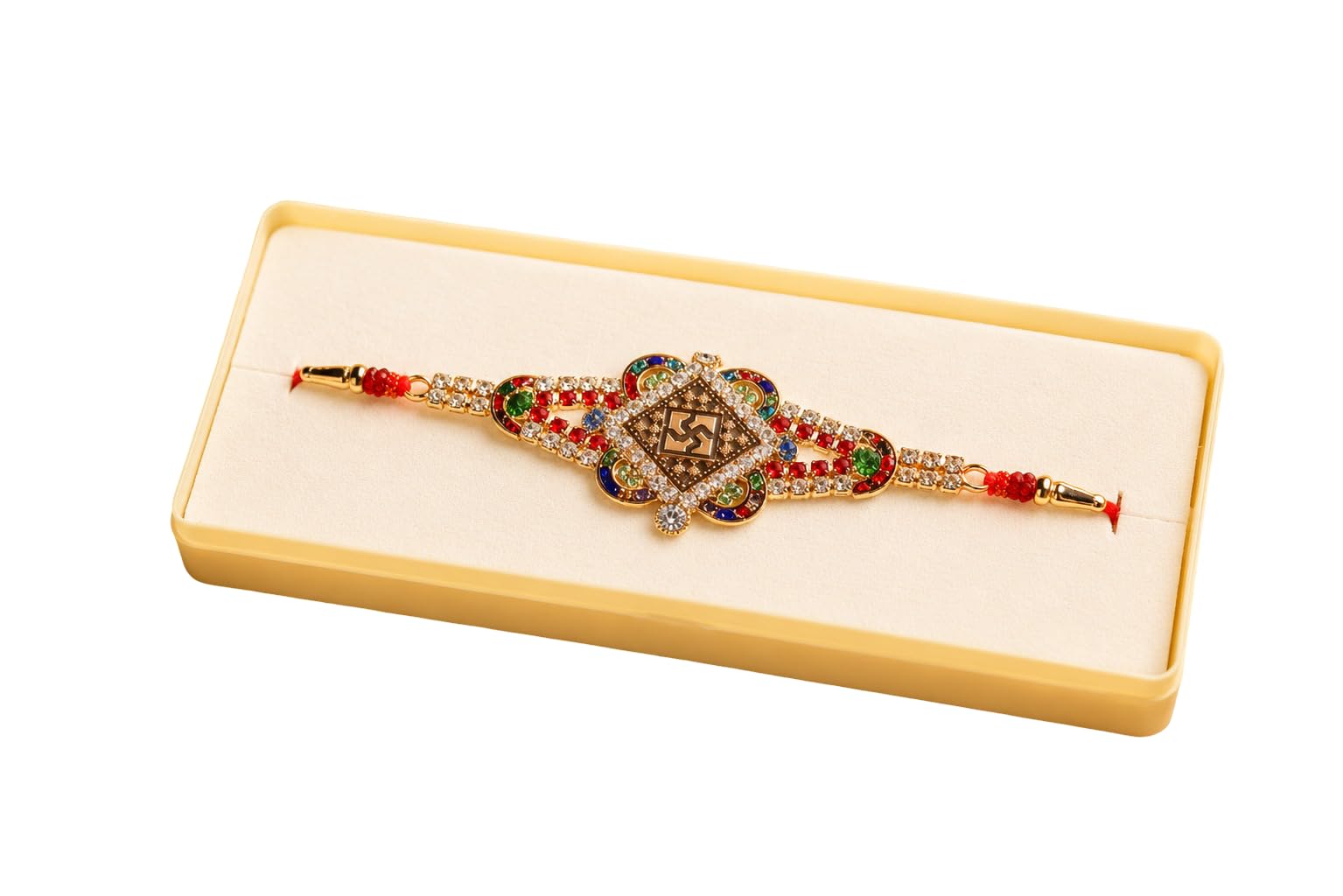 Luxury Swastik Designer Rakhi for Brother | Multicolour Stone-Studded Gold-Tone Bracelet Rakhi-image-21