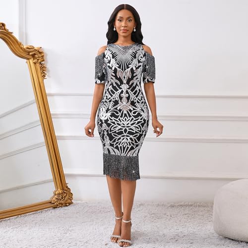 Image of Cololura Sexy Elegant Women Sequin Long Sleeve Tassel Bodycon Midi Dress Party Evening Gown Formal Dress