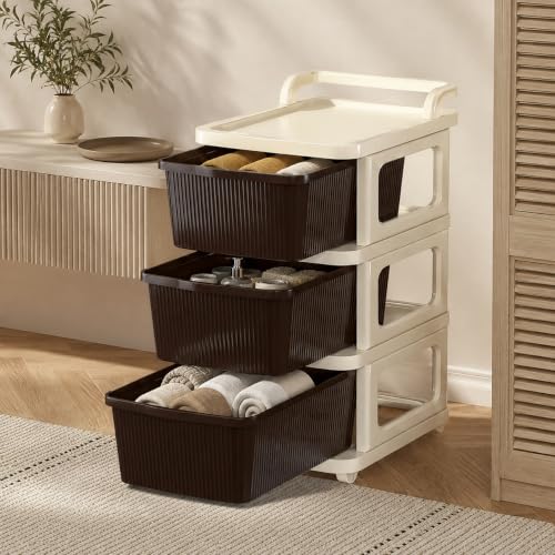 Image of Heavy Duty Plastic Storage Drawer with Wheels | Modular Cabinet for Bedroom, Office, Home or Classroom| Chest of Drawers Organiser for Cosmetics, Kitchen items, Toys (Brown, 3)