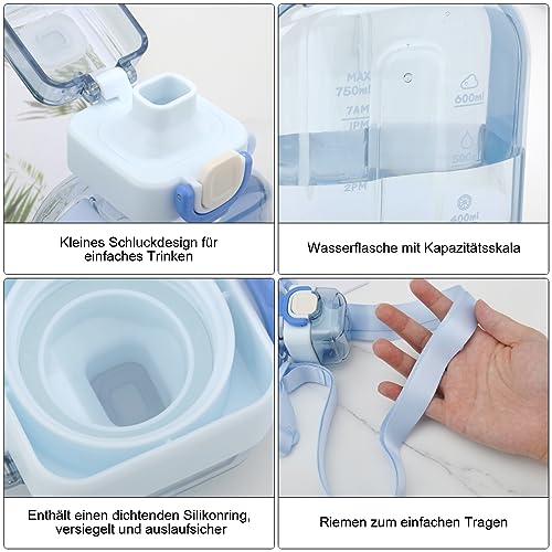 APOMOONS Płaskie butelki na napoje, 750 ml, nie zawierają BPA, szczelna, z tritanu, sportowa butelka na wodę ze znacznikiem czasu i paskiem do noszenia, do uprawiania sportu, w podróży, fitnessu i na
