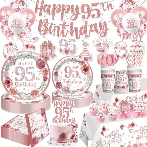 Yingoto 200pcs 95th Birthday Decorations Fabulous 95th Birthday Plates and Napkins Set with Pre-threaded Banner Tablecloths and Cupcake Toppers Floral 95th Birthday Decorations Serve 25