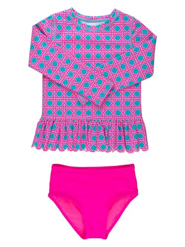 Image of RuffleButts Baby /Toddler Girls Scalloped Long Sleeve Rash Guard 2-Piece UPF50+ Sun Protected Swimsuit