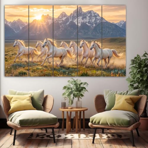Image of Spacter White 7 Horses Wall Painting for Living Room Big Size - 7 Running Horses Painting Vastu for Bedroom, Office, Hotel - Wall Decor Digital Painting Wooden Framed for Gifting (30x60 Inch)