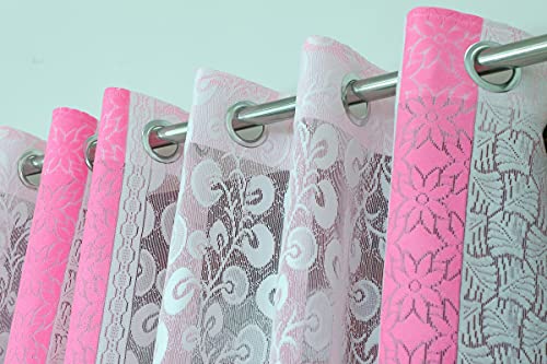Image of Exporthub 2 Pieces Fancy Sparkling White Flowers Pink Stripe Heavy Quality Sheer Strip Semi-Transparent Net Curtains - Size - Door - 4 x 7 feet (EHSPR774 74)